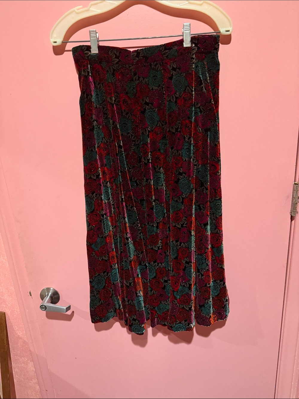 Hand Crafted Burgundy and Teal Floral Velvet Midi Skirt